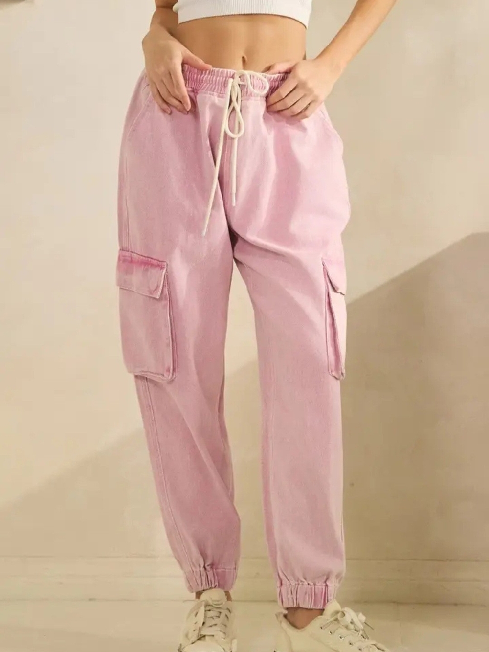 Light Pink Cargo Joggers with Elastic Drawstring Waist